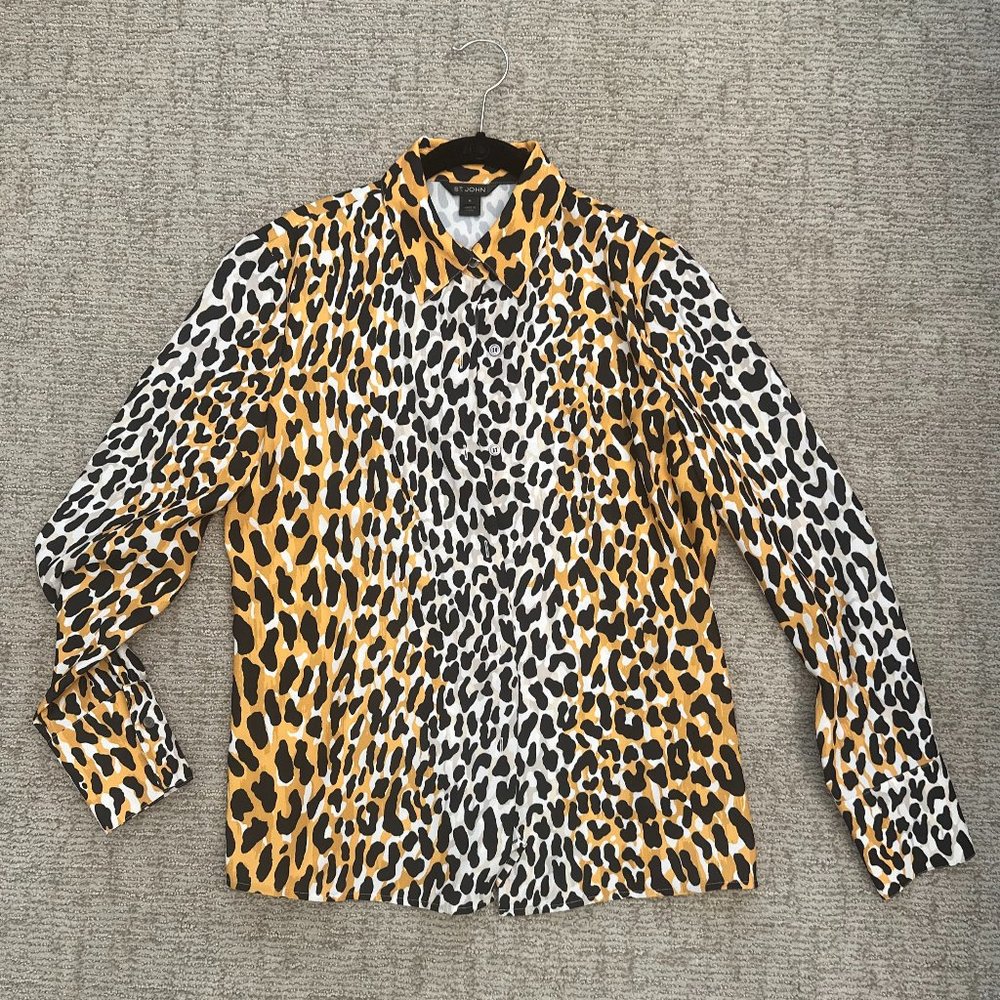 St. John Collection Satin Back Leopard Print Shirt | Size M
